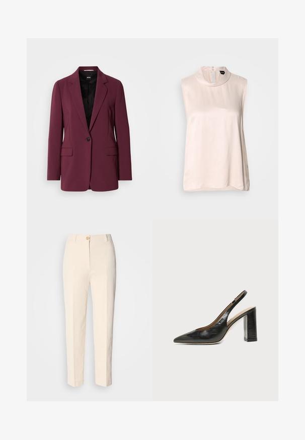 Bordeaux blazer gemaakt van soepel materiaal, met een enkele knoopsluiting, gegoten revers en twee voorzakken. Voering zichtbaar.; Mouwloze lichtroze blouse met een hoog kraagje, gemaakt van glad, glanzend stof. Voorzien van een knoopsluiting aan de achterkant en een afgeronde zoom.; Crèmekleurige, hooggerocalde broeken van een gestructureerde stof. Voorzien van een sluiting met knoop aan de voorkant en taps toelopende pijpen.; Zwarte leren slingback schoen met spits toelopend neusje, hoge blokhak en beige binnenvoering tegen een effen lichte achtergrond.
