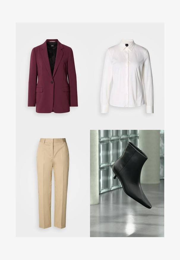 Burgunderrød blazer lavet af glat stof, med enkelt knaplukning, notch-lapper og to forlommer. Foret indre synligt.; Hvid langærmet skjorte med knapper og klassisk krave lavet af blødt bomuldsstof, med en slim fit og et enkelt design uden mønstre.; Beige bukser med lige ben, bæltestropper, forreste pres, og skjult lukning, vist mod en lys baggrund.; Sort læderankelstøvle med spids tå og lav kitten-hæ, vist vinklet mod en poleret gulv- og glasblokvæg.
