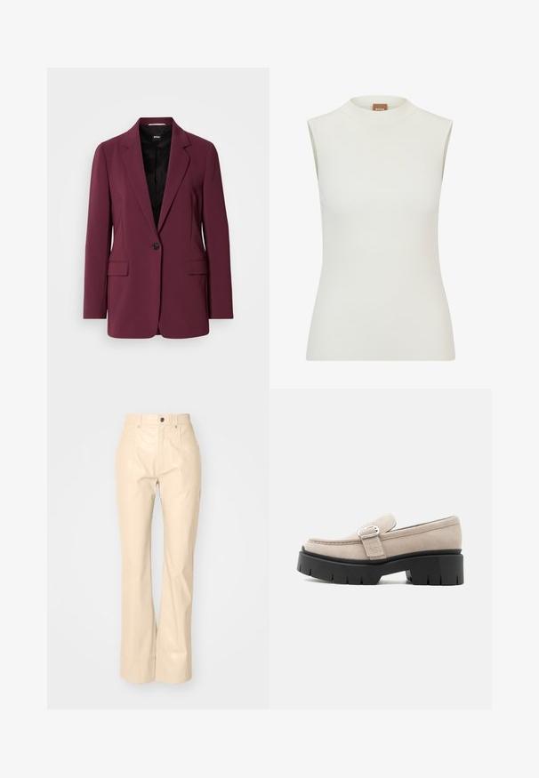 Bordeaux blazer gemaakt van soepel materiaal, met een enkele knoopsluiting, gegoten revers en twee voorzakken. Voering zichtbaar.; Witte, mouwloze top met een hoge halslijn, met een geribbeld textuur en een getailleerd ontwerp. Merkenlabel "BOSS" zichtbaar op de kraag.; Beige faux leren flarebroeken met een soepele textuur, voorzien van voorzakken, een knoopsluiting en een subtiele glansafwerking.; Beige suède loafer met zilveren gesp en dikke zwarte chunkysouw, zijaanzicht op witte achtergrond.