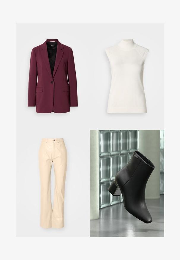 Bordeaux blazer gemaakt van soepel materiaal, met een enkele knoopsluiting, gegoten revers en twee voorzakken. Voering zichtbaar.; Mouwloze witte coltrui gemaakt van zacht materiaal; heeft een aansluitend ontwerp met een hoge hals en een subtiele geribbelde textuur aan de zoom.; Beige faux leren flarebroeken met een soepele textuur, voorzien van voorzakken, een knoopsluiting en een subtiele glansafwerking.; Zwarte leren enkellaars met blokhak, DKNY-logo nabij de bovenkant, getoond tegen een glazen blokmuur en gepolijste betonvloer.