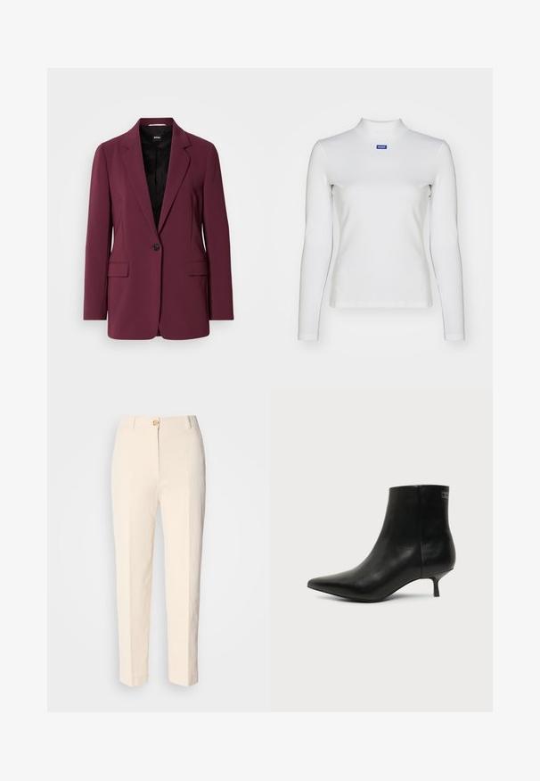 Bordeaux blazer gemaakt van soepel materiaal, met een enkele knoopsluiting, gegoten revers en twee voorzakken. Voering zichtbaar.; Witte lange mouw turtleneck top van rekbare stof, met een strakke pasvorm en een klein blauw logo op de borst.; Crèmekleurige, hooggerocalde broeken van een gestructureerde stof. Voorzien van een sluiting met knoop aan de voorkant en taps toelopende pijpen.; Zwart leren enkellaars met puntige neus en lage kittenhak op lichte achtergrond, zijaanzicht buitenkant.