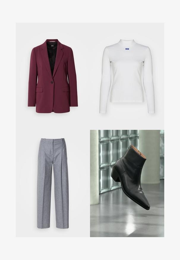 Burgunderrød blazer lavet af glat stof, med enkelt knaplukning, notch-lapper og to forlommer. Foret indre synligt.; Hvid langærmet turtleneck-top lavet af strækstof, med en tætsiddende design og et lille blåt logo på brystet.; Lys grå bredbenede bukser i et struktureret stof, med plisseringer foran og en skræddersyet talje. Minimalistisk design, ingen synlig hardware.; Sort læderankelstøvle med spids tå og blokhæl, der svæver over en reflekterende grå gulv nær en væg af glasblokke.