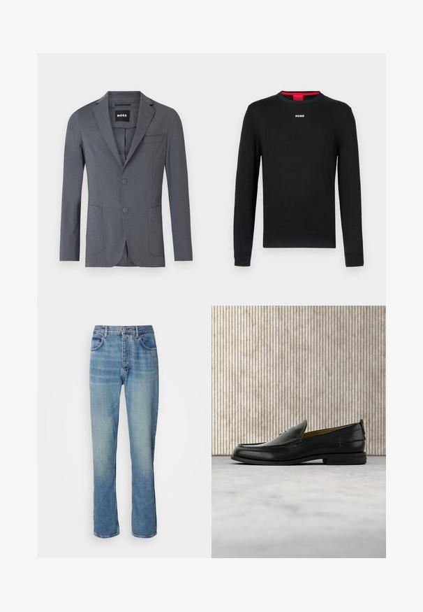 Blazer gris en tissu lisse, avec un col à revers, deux poches avant, une poche poitrine et deux boutons. Design simple et épuré.; Pull noir à manches longues avec encolure ronde, poignets et ourlet côtelés. Comprend un petit logo blanc "HUGO" centré sur la poitrine.; Jean en denim droit bleu clair avec taille haute, fermeture par bouton et zip à l'avant, et design à cinq poches.; Mocassin pour homme en cuir noir avec un dessus embossé effet croco et un petit talon, présenté de profil sur un fond neutre.