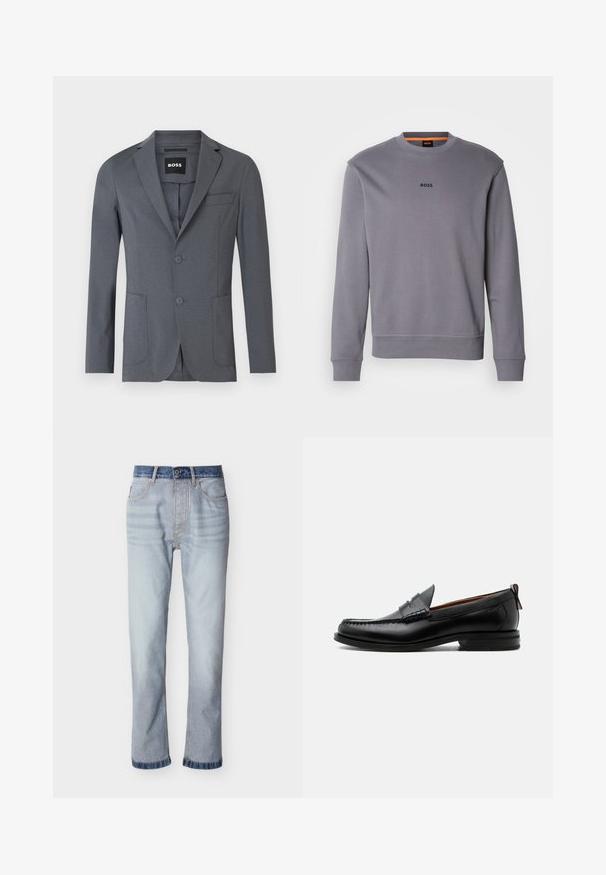 Blazer gris de tejido suave, con solapa de muesca, dos bolsillos frontales, un bolsillo en el pecho y dos botones. Diseño simple y limpio.; Sudadera gris de algodón con cuello redondo, puños y dobladillo acanalados, que presenta un pequeño logo "BOSS" en el frente.; Jeans de mezclilla azul claro con cintura azul oscuro, diseño de pierna recta, cinco bolsillos y detalles de costuras visibles.; Mocasín de hombre de piel negra con costura moc toe, tira penny, cuello texturizado y tacón bajo apilado sobre fondo blanco.