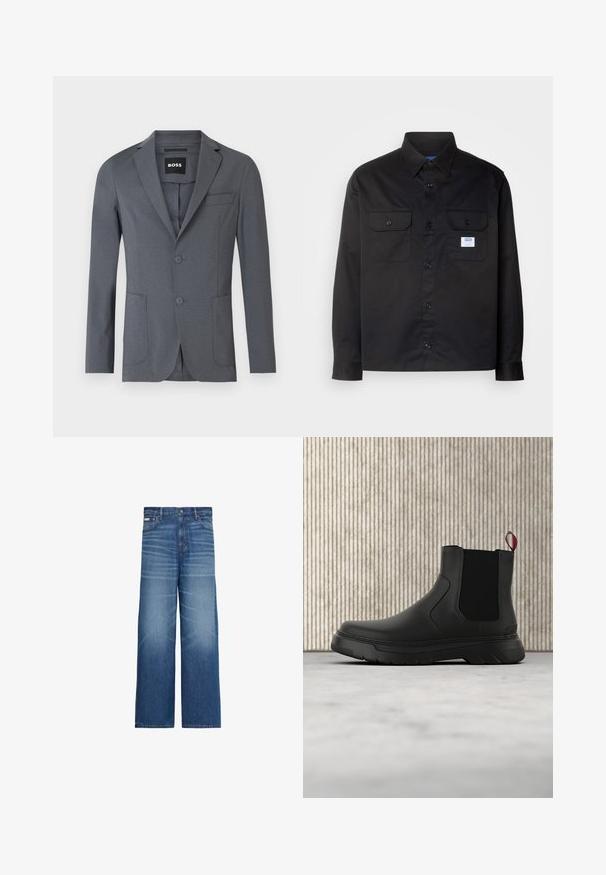 Blazer gris en tissu lisse, avec un col à revers, deux poches avant, une poche poitrine et deux boutons. Design simple et épuré.; Chemise noire à manches longues en coton. Dotée d'une fermeture à boutons, de deux poches poitrine et d'une petite étiquette logo sur la poche gauche.; Jean denim bleu taille large avec des détails délavés, cinq poches et une fermeture par bouton à la taille.; Bottines noires avec une finition lisse, des panneaux latéraux élastiques et une languette rouge contrastante, présentant une semelle en caoutchouc épaisse et un bout arrondi.