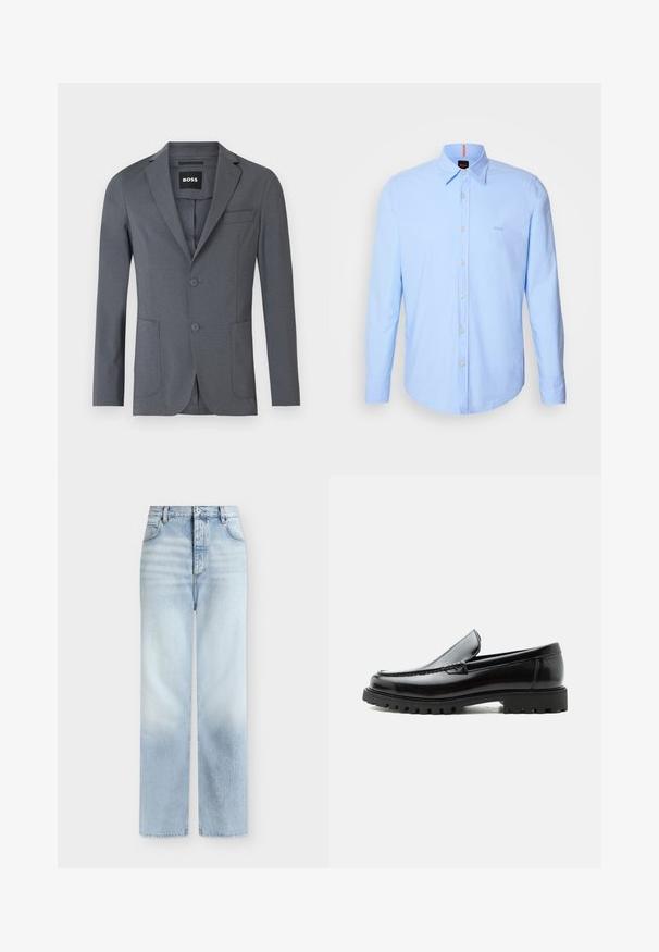 Blazer gris en tissu lisse, avec un col à revers, deux poches avant, une poche poitrine et deux boutons. Design simple et épuré.; Chemise à manches longues bleu clair en coton, dotée d'un col button-down, d'une fermeture à boutons à l'avant et d'une broderie logo discrète sur la poitrine.; Jeans bleu clair taille haute à jambes droites, avec poches avant, passants de ceinture et fermeture par bouton.; Mocassin en cuir noir avec semelle en caoutchouc épaisse, dessus cousu et nom de marque embossé sur le talon, présenté de profil sur fond blanc.