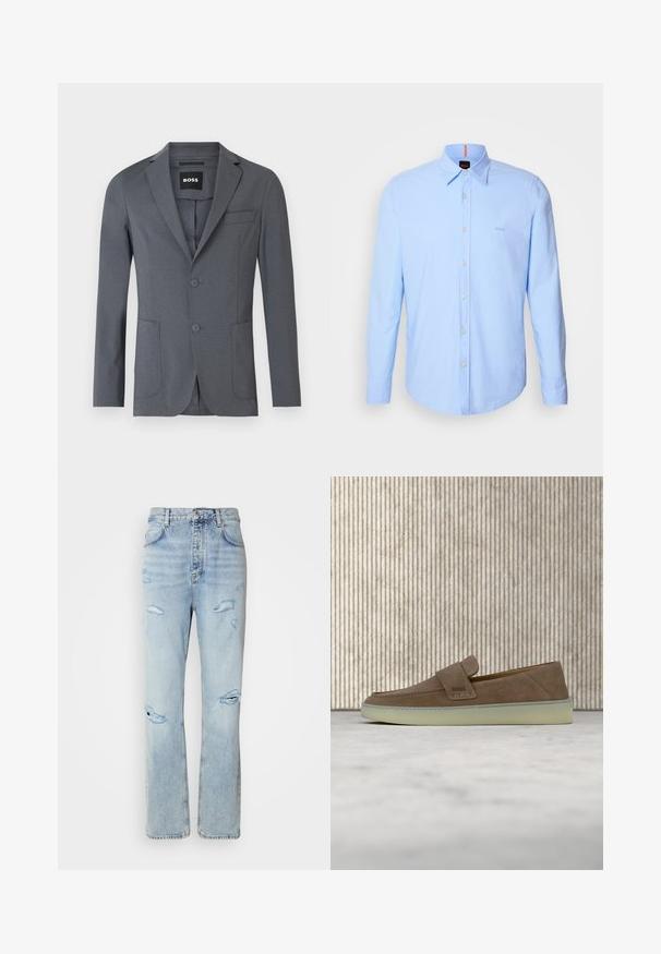 Blazer gris de tejido suave, con solapa de muesca, dos bolsillos frontales, un bolsillo en el pecho y dos botones. Diseño simple y limpio.; Camisa de manga larga de color azul claro, fabricada en algodón, con cuello tipo button-down, cierre frontal de botones y bordado sutil de logotipo en el pecho.; Jeans de mezclilla de lavado claro con un corte relajado, que presentan áreas desgastadas y bordes deshilachados. La tela tiene una textura suave y lisa.; Mocasín beige de ante tipo slip-on con suela de goma blanca y logo BOSS en la correa lateral, presentado sobre un fondo neutro y liso.