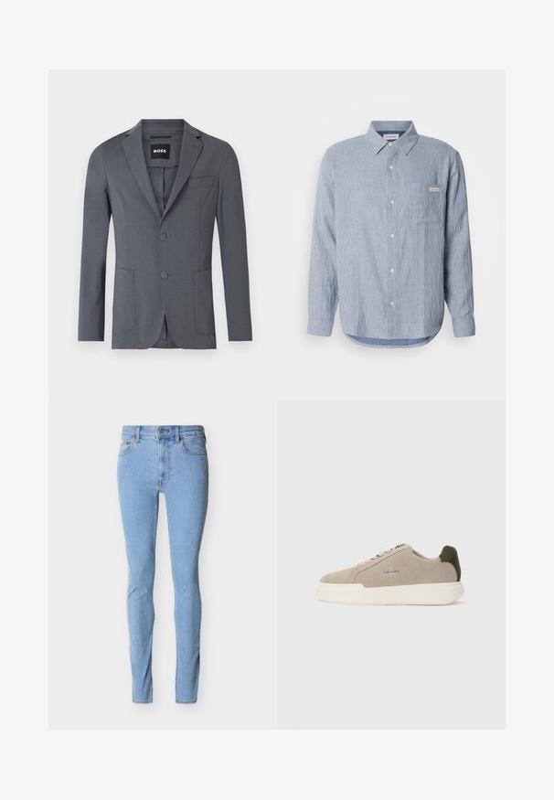 Blazer gris de tejido suave, con solapa de muesca, dos bolsillos frontales, un bolsillo en el pecho y dos botones. Diseño simple y limpio.; Camisa de botones rayada de color azul claro, tejido de algodón, mangas largas, cuello puntiagudo, un bolsillo en el pecho y detalle de etiqueta con logo.; Vaqueros ajustados azul claro con cierre frontal de botones y cremallera, diseño de cinco bolsillos, exhibidos sobre fondo blanco.; Zapatillas de piel de ante beige con suela de goma blanca, que presentan un acento en el talón de color verde oscuro y un sutil logo en el lateral.