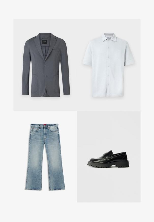 Grå blazer lavet af glat stof, med sømflipper, to forlommer, en brystlomme og to knapper. Enkel, ren design.; Kortærmet skjorte med krave i lyseblåt, tekstureret stof med diamantmønster, med knaplukning foran og lige kant.; Lyseblå falmede denimjeans med lige ben, fem-lomme design, knaplukning og røde stofmærker på forreste linning og lomme.; Sorte læder loafers med en kraftig, tekstureret gummisål, der har en forreste rem og en subtil logo detalje på hælen.