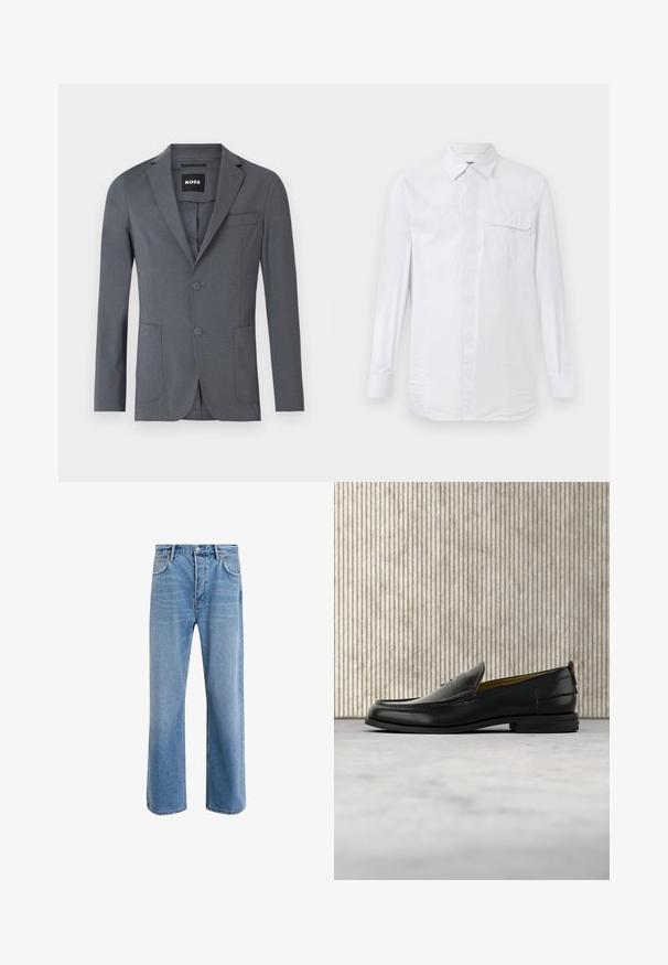 Grå blazer lavet af glat stof, med sømflipper, to forlommer, en brystlomme og to knapper. Enkel, ren design.; Hvid langærmet skjorte med knapper og subtile lodrette striber, brystlomme med knapklap og klassisk krave på en ensfarvet baggrund.; Lyseblå denim jeans med lige ben-design, fem lommer, knaplukning, minimal falming og kontraststingdetaljer.; Sort læder herreloafer med krokodillepræget forstykke og lav hæl, vist i profil på en neutral baggrund.