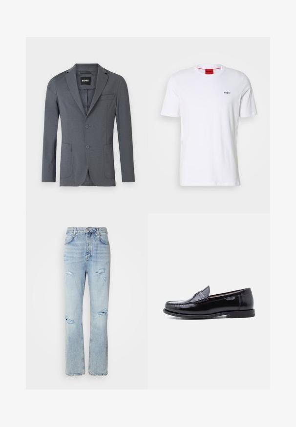 Blazer gris de tejido suave, con solapa de muesca, dos bolsillos frontales, un bolsillo en el pecho y dos botones. Diseño simple y limpio.; Camiseta de algodón blanca de mangas cortas, con un escote redondo y pequeño logo negro "HUGO" en el lado izquierdo del pecho. Presenta una etiqueta en el cuello interior de color rojo.; Jeans de mezclilla de lavado claro con un corte relajado, que presentan áreas desgastadas y bordes deshilachados. La tela tiene una textura suave y lisa.; Mocasines de cuero negro con acabado brillante, que presentan un diseño cosido en la puntera y una suela baja de goma negra texturizada.