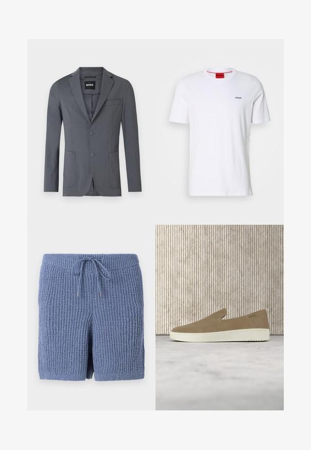 Grå blazer lavet af glat stof, med sømflipper, to forlommer, en brystlomme og to knapper. Enkel, ren design.; Hvid bomulds t-shirt med korte ærmer, en rund udskæring og lille sort "HUGO" logo på venstre bryst. Har rød indvendig halslabel.; Blå teksturerede strikkede shorts med elastisk taljebånd og snøre, med vaffelmønster og to sidelommer.; Beige slip-on sko med hvid sål, vist i luften over et lyst tæppe med ravfarvet gennemsigtigt møblement i baggrunden.