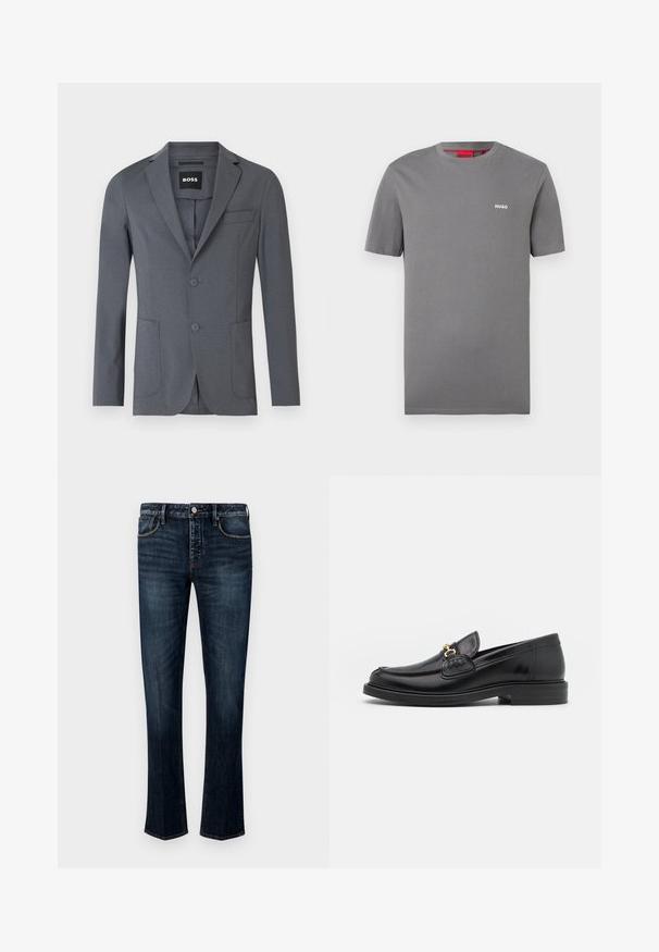 Grå blazer lavet af glat stof, med sømflipper, to forlommer, en brystlomme og to knapper. Enkel, ren design.; Grå T-shirt med korte ærmer og rund hals, med lille hvidt HUGO-logo på venstre bryst og rød inderlabel ved halsen.; Mørkeblå denim jeans med lige ben-design, der har fem lommer, synlige syninger og en knap- og lynlås-lukning.; Sorte læder loafers med en rund tå, der har guld hardware accent og syningsdetaljer, placeret på en lav, tekstureret gummisål.