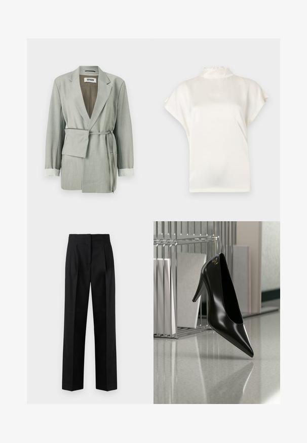 Lichtgrijze blazer met een ontspannen pasvorm, voorzien van een ceintuur in de taille, een sjaalkraag en gestreepte accenten op de manchetten. Gladde stof met op maat gemaakte randen.; Crème, hoog gesloten blouse met korte mouwen, gemaakt van gladde stof. Heeft een subtiele glans en een knoopsluiting bij de achterste halslijn.; Zwarte broek van geweven stof, met een op maat gemaakt ontwerp met plooien, rechte pijpen en een platte voorkant. Duurzame en gladde textuur.; Zwart hooggehakt schoen met puntige neus en gouden logo, geplaatst op een reflecterend oppervlak naast een verchroomde draadordner met documenten.