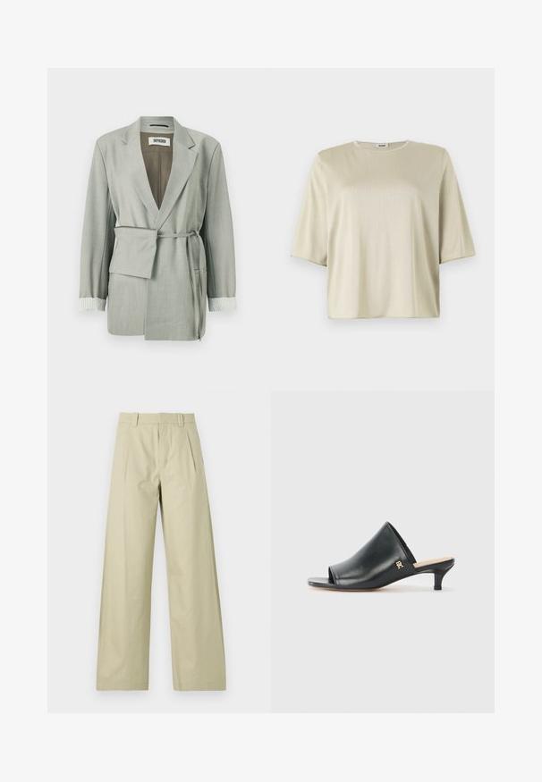 Lys grå blazer med en afslappet pasform, der har en bæltestrop i taljen, sjalskrave og stripede manchetter. Glat stof med skræddersyede kanter.; Kortærmet, løstsiddende top i lys beige med rund halsudskæring og blød tekstur, lavet af et glat, let materiale.; Bredde benbukser i lys beige bomuld, med flad front og plisseringer, bæltestropper og opsmøgede sømme. Glat tekstur og afslappet design.; Sorte læder open-toe mules med en lav hæl. Har en glat overflade og et guld logo-prim på siden.