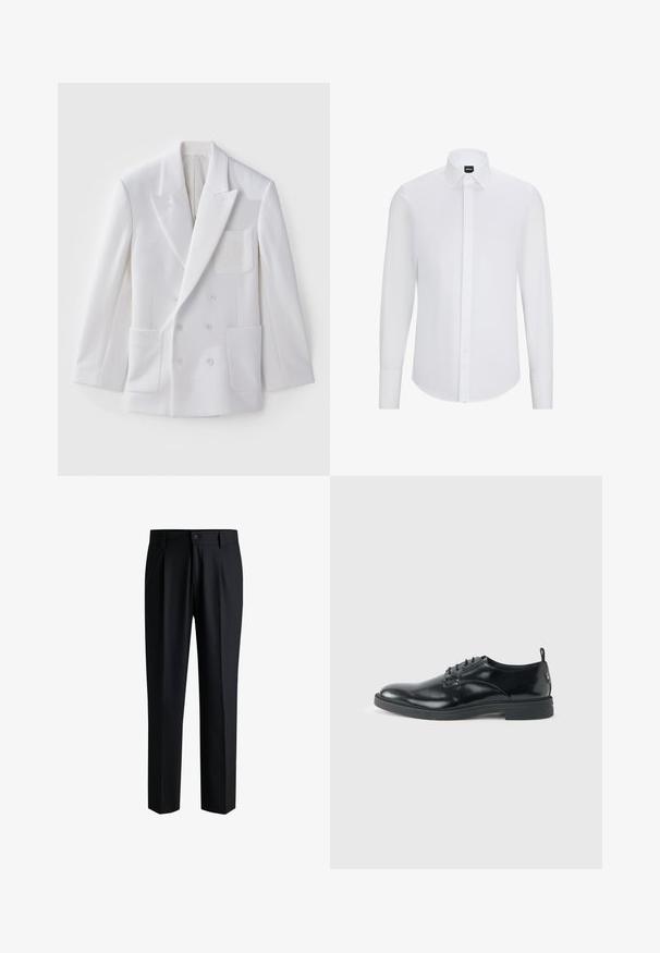 Blazer blanc à double boutonnage avec deux poches avant, revers crantés et un écusson brodé sur la poitrine. Texture lisse, coupe ajustée.; Chemise blanc à manches longues avec col pointu, en tissu lisse, comportant une patte de boutonnage à l'avant et un ourlet arrondi.; Pantalons noirs en tissu lisse, avec une coupe droite, des plis à l'avant et une fermeture à bouton avec passants de ceinture.; Chaussure habillée en cuir noir brillant avec un petit talon, fermeture à lacets et bout rond, vue de côté sur un fond uni et clair.