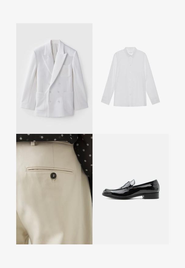 Blazer blanc à double boutonnage avec deux poches avant, revers crantés et un écusson brodé sur la poitrine. Texture lisse, coupe ajustée.; Chemise blanche à manches longues en tissu lisse, dotée d'un col pointu, d'une fermeture à boutons sur le devant et de poignets à un bouton.; Pantalon beige en tissu texturé avec une poche arrière fermée par un bouton noir. Finitions de couture discrètes le long de la poche.; Mocassin pour homme en cuir verni noir avec talon bas, bout arrondi, et détail de bride sur le dessus, sur fond blanc.