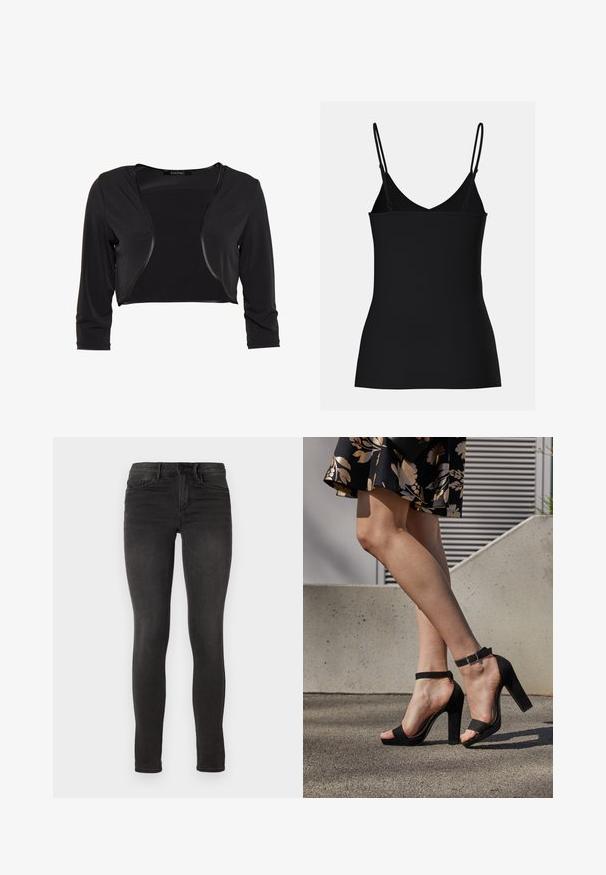 Swing BOLERO - Blazer - schwarz; Sort cami-top med tynde justerbare stropper, V-hals design, tætsiddende form og sømløs tekstur. Enkel og minimalistisk stil.; ONLY ONLROYAL - Jeans Skinny Fit - black denim; Sorte ruskinds høje hæle sandaler har et ankelstrop med spænde, åben tå design og en kraftig hæl. Glat tekstur og minimalistisk stil.
