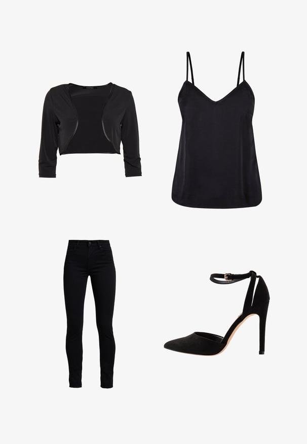 Swing BOLERO - Blazer - schwarz; Sort cami med tynde justerbare stropper, dyb V-udskæring og en glat, blød tekstur. Designet til en afslappet pasform.; Sorte skinny jeans lavet af en bomuldsblanding, med høj talje, traditionelt fem lomme-design og en frontlukning med knap.; Sorte ruskind højhælede sko med spids tå, ankelrem og stiletto hæl. Designet har en glat tekstur med minimal detaljer.