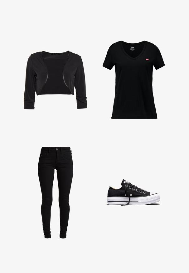 Swing BOLERO - Blazer - schwarz; Zwart katoenen V-hals T-shirt met korte mouwen, met een klein rood Levi's-logo op de linkerkant van de borst en een gladde textuur.; Zwarte skinny jeans van denim, met een klassiek vijf-pocket ontwerp, riemlussen en een sluiting met een voorste knoop. Glad, elastisch textuur.; Zwarte lage canvas sneaker met witte rubberen plateauzool, zwarte veters en metalen oogjes op een witte achtergrond.