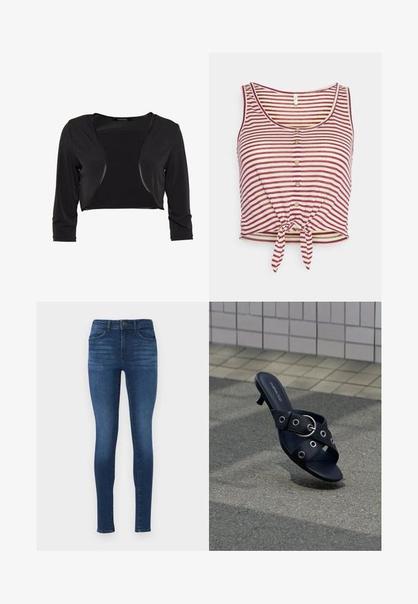 Swing BOLERO - Bleiseri - schwarz; ONLY Petite ONLCANNES KNOT TOP - Printtipaita - amaranth cloud dancer; Tummansiniset skinny-farkut, joissa on korkea vyötärö, etutaskut ja sileä, hieman haalistunut pinta.; Musta korkokengän sandaali, jossa on ristikkäiset hihnat hopeisilla silmukoilla ja pyöreä solki, asetettuna teksturoidulle asfaltilla lähellä laatoitettua seinää.