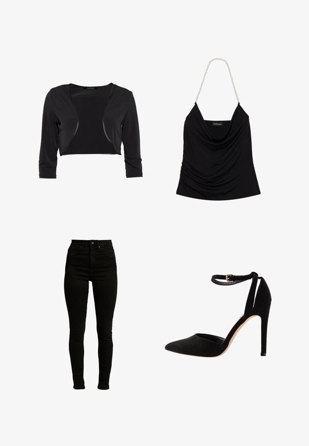Swing BOLERO - Blazer - schwarz; Débardeur noir drapé avec un col en cowl et un tissu texturé. Doté de bretelles en chaîne de perles et d'une étiquette logo à l'intérieur.; Jeans skinny noirs taille haute en denim légèrement extensible, avec une fermeture éclair, un bouton unique et un design à cinq poches.; Escarpins en suède noir avec un bout pointu, une bride à la cheville et un talon aiguille. Le design présente une texture lisse avec un minimalisme dans les détails.