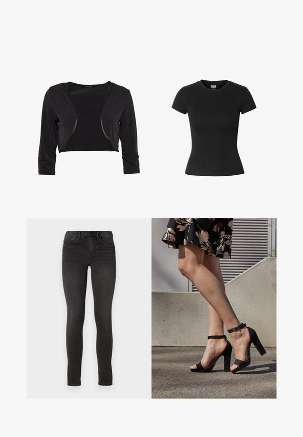 Swing BOLERO - Blazer - schwarz; Zwart aansluitend dames T-shirt met korte mouwen, ronde hals en Urban Classics label binnen in de kraag.; ONLY ONLROYAL - Jeans Skinny Fit - black denim; Zwarte suède hoge hakken sandalen hebben een enkelband met een gesp, een open teenontwerp en een chunky hak. Glad textuur en minimalistische stijl.