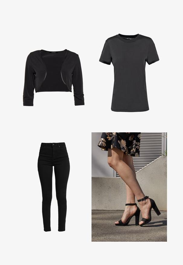 Swing BOLERO - Blazer - schwarz; Sort kortærmet t-shirt lavet af glat stof. Har en rund halsudskæring uden synlige mønstre eller detaljer, hvilket giver et enkelt design.; Sorte høj talje skinny jeans lavet af stræk denim, med en foran knap, lynlåsåbning og fem lommer for funktionalitet.; Sorte ruskinds høje hæle sandaler har et ankelstrop med spænde, åben tå design og en kraftig hæl. Glat tekstur og minimalistisk stil.