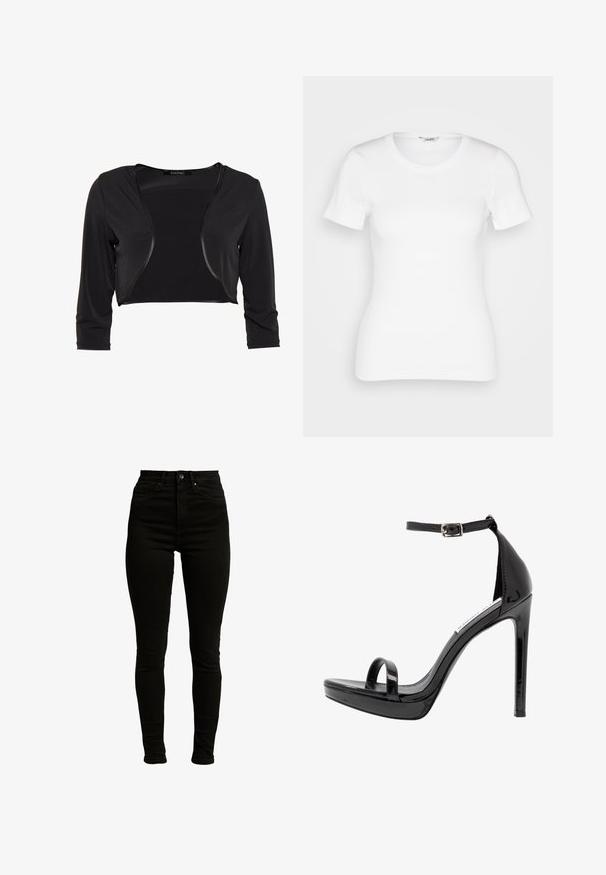 Swing BOLERO - Blazer - schwarz; T-shirt en coton blanc avec des manches courtes, un col rond et une texture côtelée. Design ajusté avec une finition lisse et nette.; Jeans skinny noirs taille haute en denim légèrement extensible, avec une fermeture éclair, un bouton unique et un design à cinq poches.; Steve Madden MILANO - Sandales à talons hauts - black