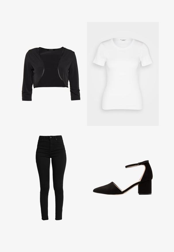 Swing BOLERO - Blazer - schwarz; Witte katoenen T-shirt met korte mouwen, ronde halslijn en ribbelstructuur. Strakke pasvorm met een gladde, schone afwerking.; Zwarte high-waisted skinny jeans van rekbare denim, met een knoopsluiting aan de voorkant, rits en vijf functionele zakken.; Zwarte suède blokhak schoenen met puntige neus en enkelbandje; heeft een gladde textuur en een minimalistisch ontwerp.