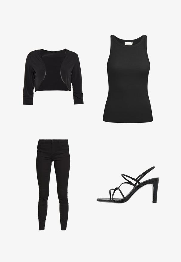 Swing BOLERO - Blazer - schwarz; Zwarte tanktop van ribstof, met een ronde hals en een aansluitende pasvorm. Platte naden en zonder versieringen. Eenvoudig en strak ontwerp.; Noisy May NMEVE JEANS - Jeggings - black; Zwarte hoge sandalen met dunne banden, een gestructureerde afwerking, open teen en een slank, puntig hakontwerp. Beschikt over een gladde inlegzool en een glanzend oppervlak.