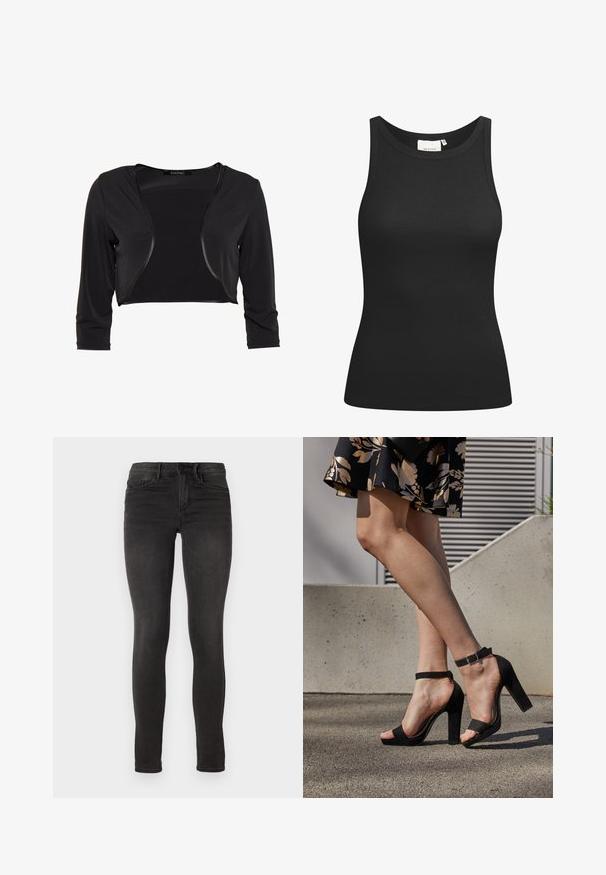 Swing BOLERO - Blazer - schwarz; Sort tanktop lavet af ribbet materiale, med en scooped halsudskæring og en tætsiddende form. Flade sømme og ingen udsmykninger. Enkel og strømlinet design.; ONLY ONLROYAL - Jeans Skinny Fit - black denim; Sorte ruskinds høje hæle sandaler har et ankelstrop med spænde, åben tå design og en kraftig hæl. Glat tekstur og minimalistisk stil.