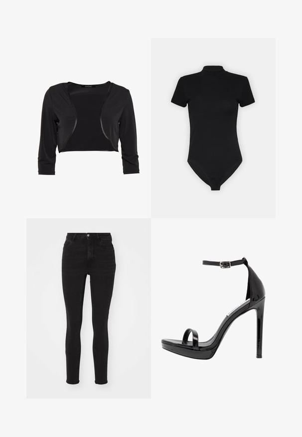 Swing BOLERO - Blazer - schwarz; Sort bodysuit med høj hals, korte ærmer og tætsiddende design. Lavet af et glat, strækbart stof med en sømløs bund.; Sorte denim skinny jeans med høj talje, der har fem lommer, en frontlynlås og en metalknap. Glat tekstur med let stræk.; Steve Madden MILANO - Højhælede sandaletter / Højhælede sandaler - black