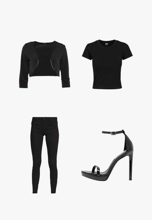 Swing BOLERO - Blazer - schwarz; Zwarte kortekorte mouw t-shirt van gladde katoenen stof, met een ronde halslijn en een getailleerde pasvorm. Geen zichtbare patronen of accenten.; Noisy May NMEVE JEANS - Jeggings - black; Steve Madden MILANO - Sandalen met hoge hak - black
