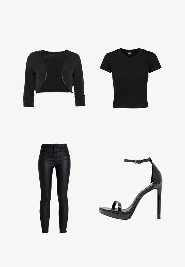 Swing BOLERO - Blazer - schwarz; Sort kortærmet t-shirt lavet af glat bomuldsstof, med rund halsudskæring og en tætsiddende pasform. Ingen synlige mønstre eller accenter.; ONLY Bukser - black; Steve Madden MILANO - Højhælede sandaletter / Højhælede sandaler - black