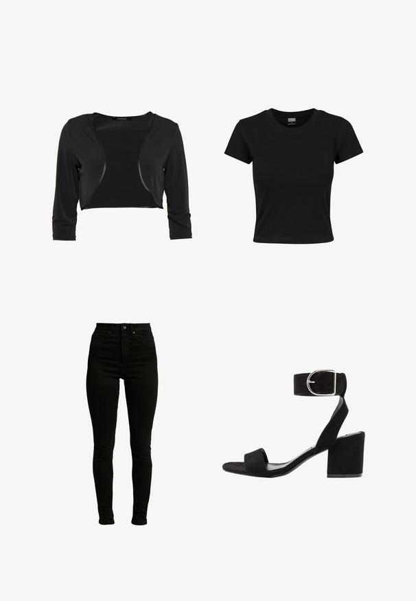 Swing BOLERO - Blazer - schwarz; Zwarte kortekorte mouw t-shirt van gladde katoenen stof, met een ronde halslijn en een getailleerde pasvorm. Geen zichtbare patronen of accenten.; Zwarte high-waisted skinny jeans van denim met een lichte stretch, uitgerust met een rits, enkele knoopsluiting en een ontwerp met vijf zakken.; Zwarte suède sandaal met hak, voorzien van een enkelbandje, zilveren gesp, open teen en blokhak. Platte zool en minimalistisch ontwerp.