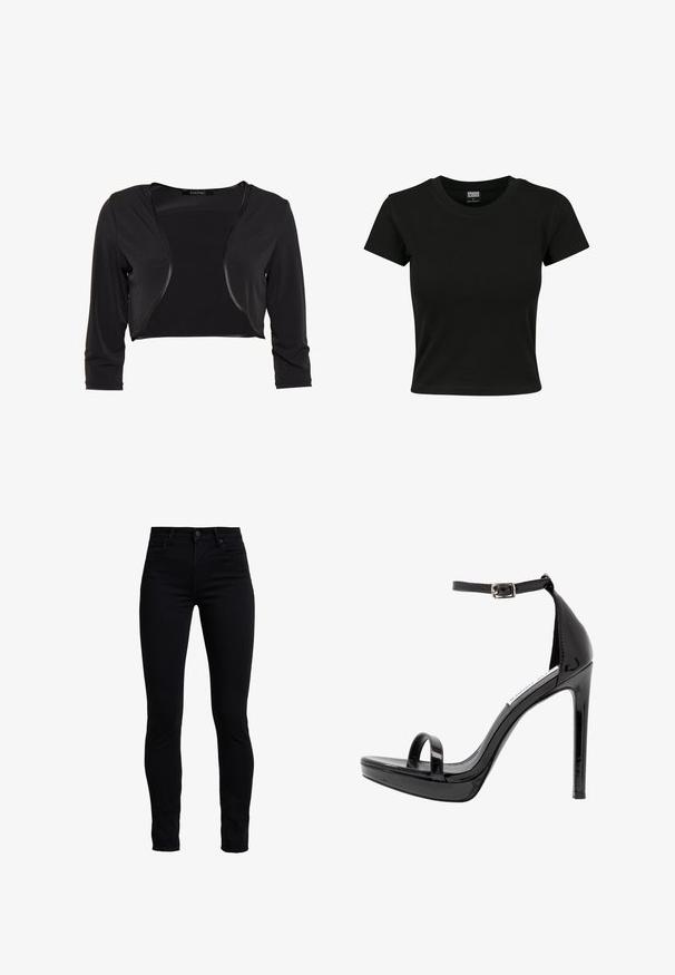 Swing BOLERO - Blazer - schwarz; Sort kortærmet t-shirt lavet af glat bomuldsstof, med rund halsudskæring og en tætsiddende pasform. Ingen synlige mønstre eller accenter.; Sorte skinny jeans lavet af en bomuldsblanding, med høj talje, traditionelt fem lomme-design og en frontlukning med knap.; Steve Madden MILANO - Højhælede sandaletter / Højhælede sandaler - black