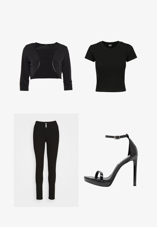 Swing BOLERO - Blazer - schwarz; Sort kortærmet t-shirt lavet af glat bomuldsstof, med rund halsudskæring og en tætsiddende pasform. Ingen synlige mønstre eller accenter.; Vero Moda VMDONNA - Jeans Skinny Fit - black; Steve Madden MILANO - Højhælede sandaletter / Højhælede sandaler - black