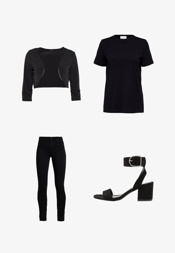 Swing BOLERO - Blazer - schwarz; T-shirt noir à manches courtes avec col rond, ourlet droit et une étiquette blanche à l’arrière à l’intérieur du col.; Jean skinny noirs en tissu mélangé coton, présentant une taille haute, un design classique à cinq poches, et une fermeture à bouton à l'avant.; Sandale à talon en daim noir avec une bride à la cheville, une boucle en argent, un bout ouvert et un talon carré. Semelle plate et design minimaliste.