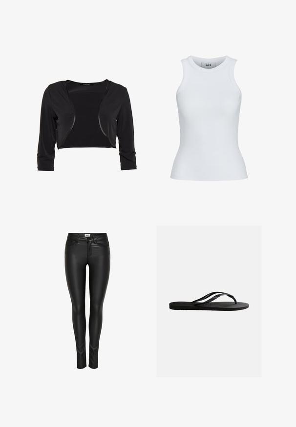 Swing BOLERO - Blazer - schwarz; Hvid ribbet tanktop med en rund udskæring og ærmeløst design. Har en slim fit og blød tekstur, velegnet til lagpåsætning.; Sorte slim-fit bukser i kunstlæder med frontknap, lynlås-lukning og bæltestropper, vist på en hvid baggrund.; Sort gummiflip-flop sandal med tekstureret fodseng og tynde Y-formede remme på en ensartet hvid baggrund.