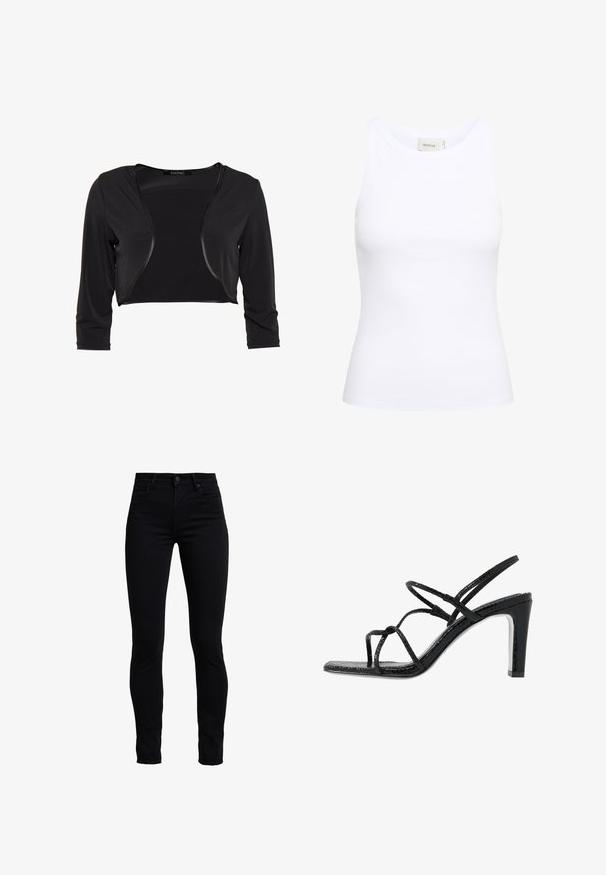 Swing BOLERO - Blazer - schwarz; Witte geribde tanktop met een ronde halslijn en zonder mouwen. Rekbaar materiaal en een aansluitend ontwerp. Het label op de achterkant zegt "GESTUZ."; Zwarte skinny jeans van een katoenmix, met een hoge taille, een traditionele vijf-pocket ontwerp en een knoopsluiting aan de voorkant.; Zwarte hoge sandalen met dunne banden, een gestructureerde afwerking, open teen en een slank, puntig hakontwerp. Beschikt over een gladde inlegzool en een glanzend oppervlak.