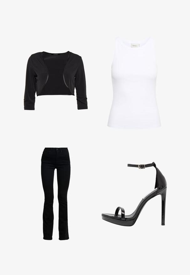 Swing BOLERO - Blazer - schwarz; Hvid ribbet tanktop med rund halsudskæring og uden ærmer. Strækbart stof og tætsiddende design. Etiketten bagpå viser "GESTUZ."; Sorte højtaljede skinny jeans med let flared i anklerne, med for- og baglommer samt knaplukning.; Steve Madden MILANO - Højhælede sandaletter / Højhælede sandaler - black
