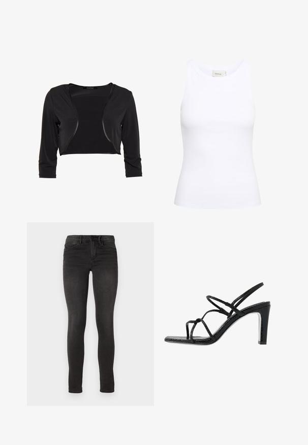 Swing BOLERO - Blazer - schwarz; Witte geribde tanktop met een ronde halslijn en zonder mouwen. Rekbaar materiaal en een aansluitend ontwerp. Het label op de achterkant zegt "GESTUZ."; ONLY ONLROYAL - Jeans Skinny Fit - black denim; Zwarte hoge sandalen met dunne banden, een gestructureerde afwerking, open teen en een slank, puntig hakontwerp. Beschikt over een gladde inlegzool en een glanzend oppervlak.