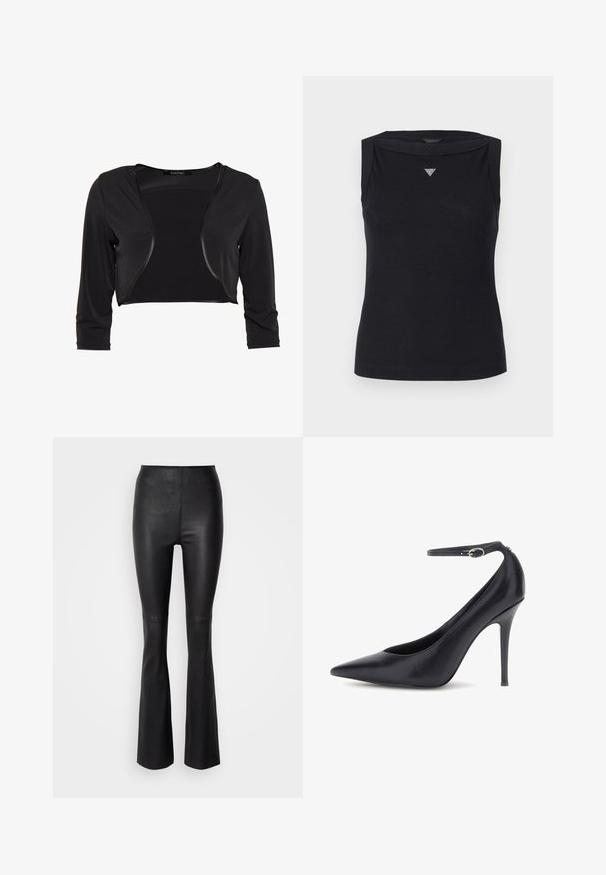 Swing BOLERO - Blazer - schwarz; Zwarte mouwloze top van katoen, met een boot hals en een klein kristallen driehoekig logo op de borst. Glad materiaal.; Zwarte flared broeken van glad, faux leer met een hoge tailleband en stiksel details boven de knie.; Zwarte leren hoge hak pump met puntige neus en enkelbandje, met een gladde textuur en een dunne stilettorahak.