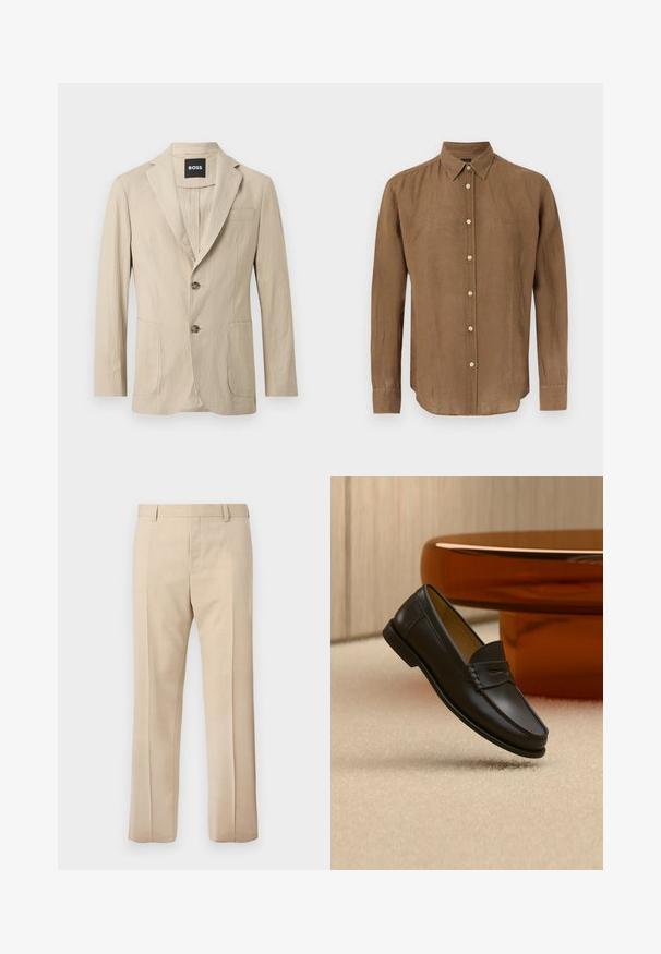 Blazer beige texturé à deux boutons, col à revers cranté, deux poches avant et une poche poitrine, étiquette BOSS à l'intérieur du col.; Chemise marron à manches longues avec col, boutons blancs et logo subtil sur le côté gauche de la poitrine, présentée sur un fond blanc.; Pantalon beige sur mesure avec passants pour ceinture, pli devant et fermeture éclair dissimulée, présenté sur un fond uni.; Chaussure mocassin en cuir noir suspendue au-dessus d’un tapis beige avec du mobilier moderne couleur ambre en arrière-plan.
