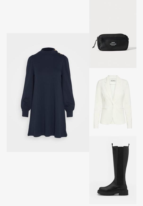Blazer blanc en tissu lisse, avec une fermeture à un bouton, des revers en notch et deux poches avant. L'étiquette indique "ICHI."; Vero Moda VMLIANNA SHORT BUTTON DRESS - Robe en jersey - navy blazer; Botte noire jusqu'au genou avec un extérieur en cuir lisse, des panneaux latéraux élastiques, un bout rond et une épaisse semelle en caoutchouc noire.; Pochette rectangulaire noire avec poche avant zippée, tirettes de fermeture éclair tressées et logo blanc "MADS NØRGAARD COPENHAGEN" sur le devant.