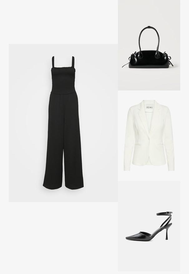 Weißer Blazer aus glattem Stoff, mit einem einzelnen Knopfverschluss, Reverskragen und zwei vorderen Taschen. Das Etikett trägt die Aufschrift "ICHI."; Schwarzer Overall mit gerafftem Oberteil, quadratischem Ausschnitt und weitem Bein. Verfügt über elastische Träger und einen strukturierten Stoff.; Schwarzer spitzer High Heel mit dünnen Knöchelriemen und silberner Schnalle auf einfachem hellem Hintergrund.; Kleine schwarze glänzende Handtasche mit zwei langen Griffen und seitlichen Kordelzug-Details vor einfachem hellem Hintergrund.