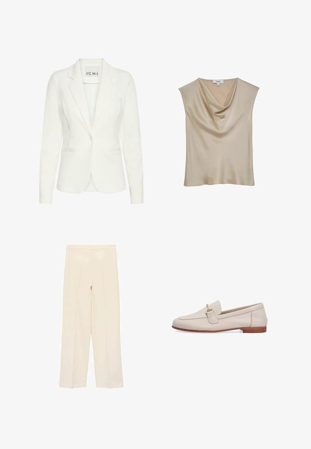 Hvid blazer lavet af glat stof, med enkel knaplukning, notched revers og to frontlommer. Mærket siger "ICHI."; Beige satinærmløs bluse med kaskadeudskæring, mærket "REISS", vist mod en hvid baggrund.; Beige brede benbukser med en glat tekstur, prydet med frontplisseringer og en skjult lynlåslukning i taljen.; Beige lædersko med lavt træhæl og guldfarvet metalspænde på oversiden.