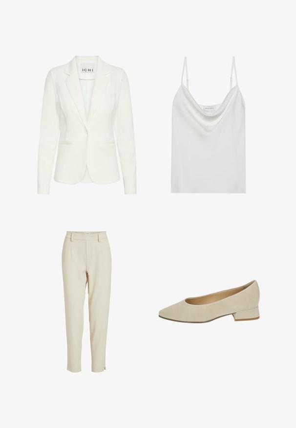 Weißer Blazer aus glattem Stoff, mit einem einzelnen Knopfverschluss, Reverskragen und zwei vorderen Taschen. Das Etikett trägt die Aufschrift "ICHI."; Weiße Satin-Camisole mit drapiertem Ausschnitt, dünnen verstellbaren Trägern und geradem Saum. Das Etikett "ANNA FIELD" ist sichtbar innen.; Beige maßgeschneiderte Hosen mit elastischem Bund, Seitentaschen und schmalem Bein mit umschlagenem Saum. Glattes, leichtes Material.; Beiger Wildleder-Pumps mit niedrigem Absatz, spitz zulaufender Spitze und kleinem Blockabsatz. Glatte Textur ohne sichtbare Muster oder Verzierungen.