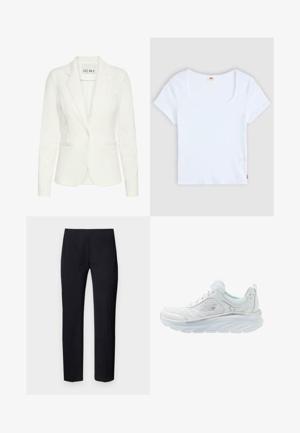 Blazer blanc en tissu lisse, avec une fermeture à un bouton, des revers en notch et deux poches avant. L'étiquette indique "ICHI."; Haut blanc à manches courtes avec un décolleté carré, fabriqué en tissu à texture côtelée. Présente une petite étiquette logo rouge en bas à gauche.; Pantalons noirs ajustés avec une coupe slim, présentant une texture lisse et un design à l'avant plat. Pas de poches visibles ni de détails matériels.; Chaussure de sport blanche avec tige en mesh, lacets, languette rembourrée, épaisse semelle amortissante, et subtils accents gris sur le côté.
